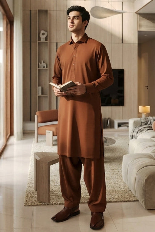 french cutaway collar shalwar kameez-Rust