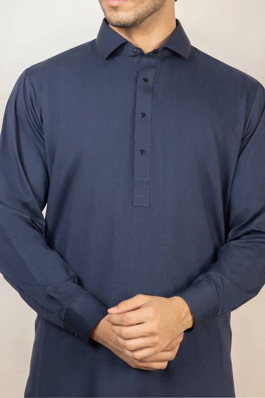 Stitched Shalwar Kameez with French Collar -Navy
