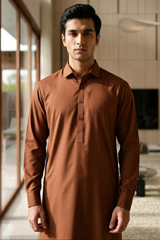 french cutaway collar shalwar kameez-Rust