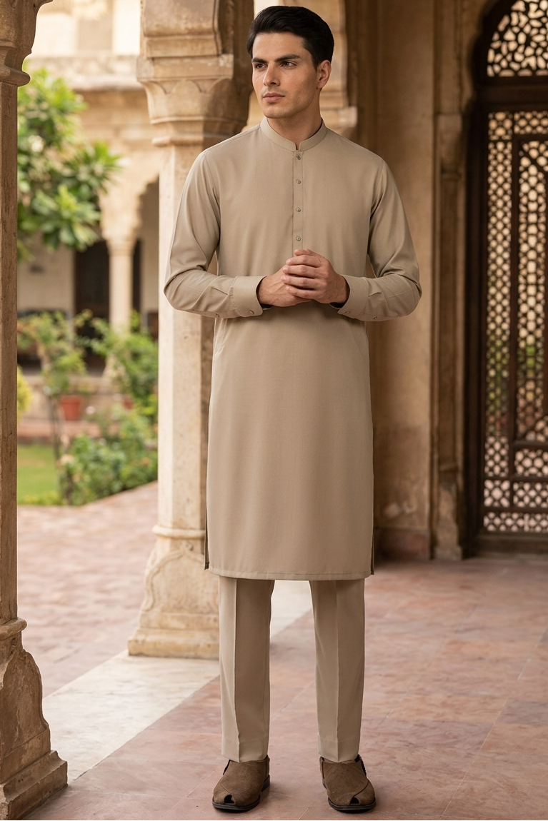 Stitched All Season Kurta Trouser with Ban-Khaki