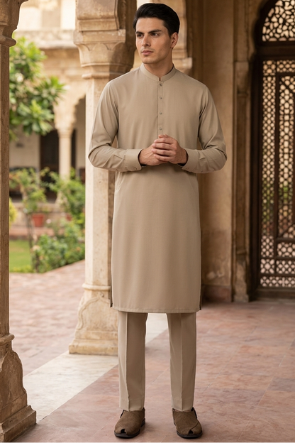 Stitched All Season Kurta Trouser with Ban-Khaki