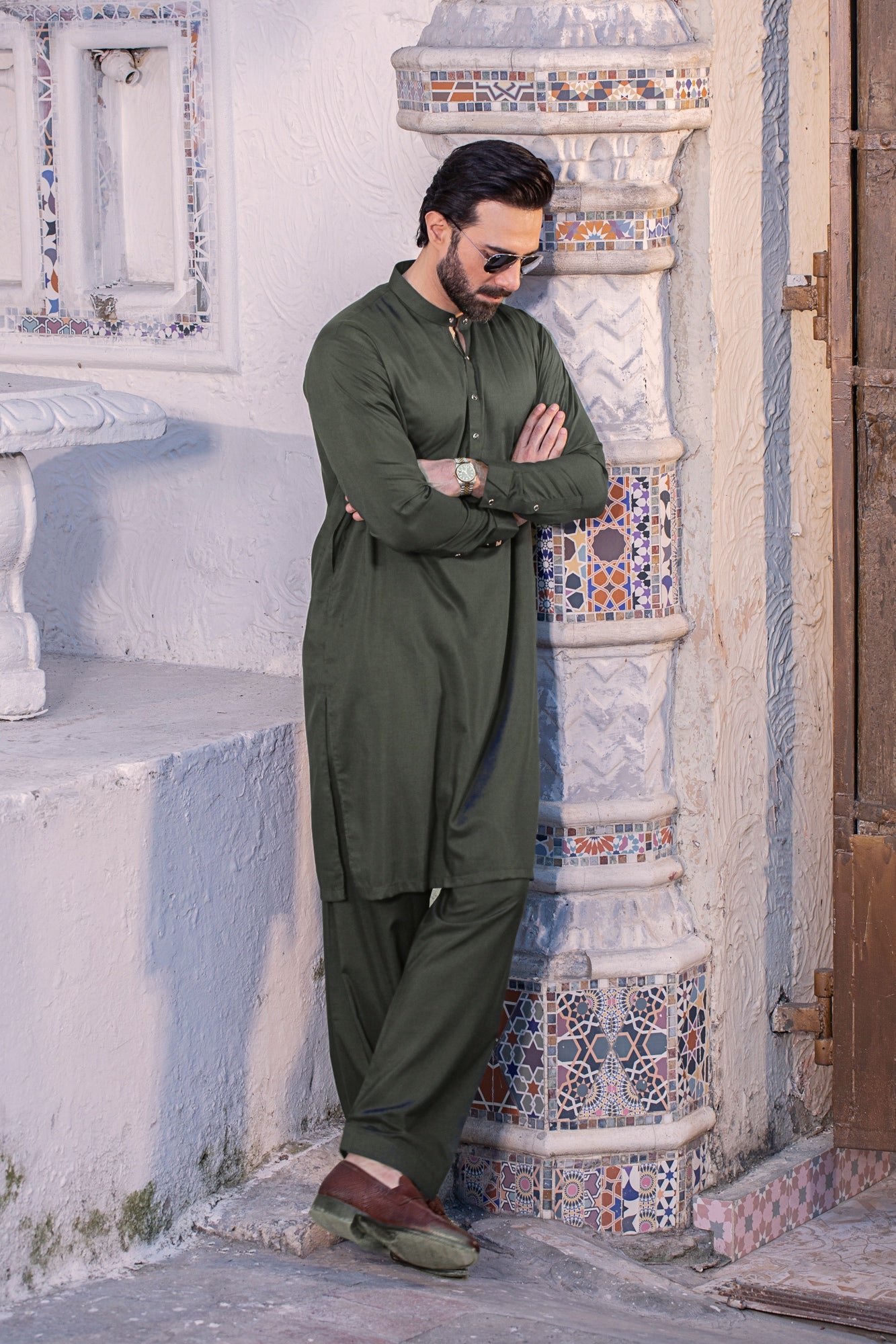 Nawabi Glass Button Stitched Suit with Shalwar - Seagreen