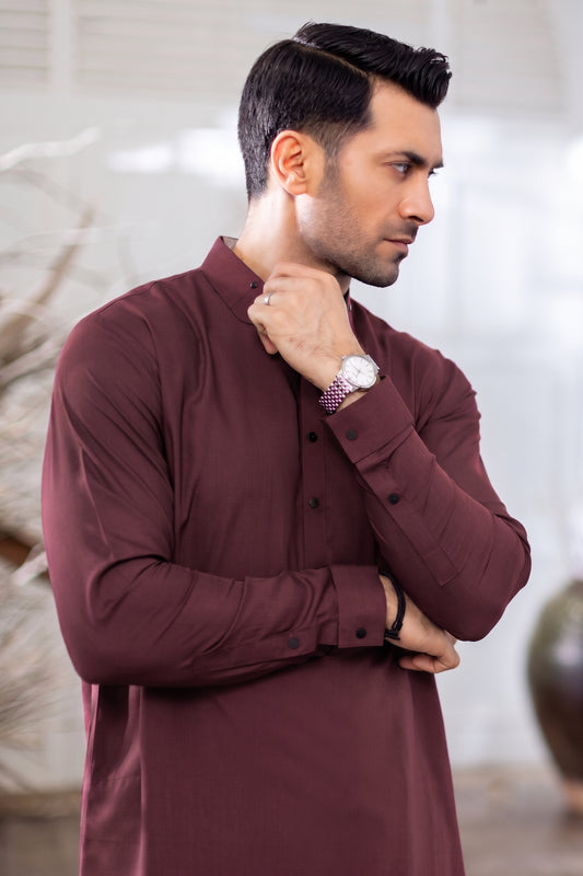 Classic Round Collar Shalwar Kameez - Burgundy