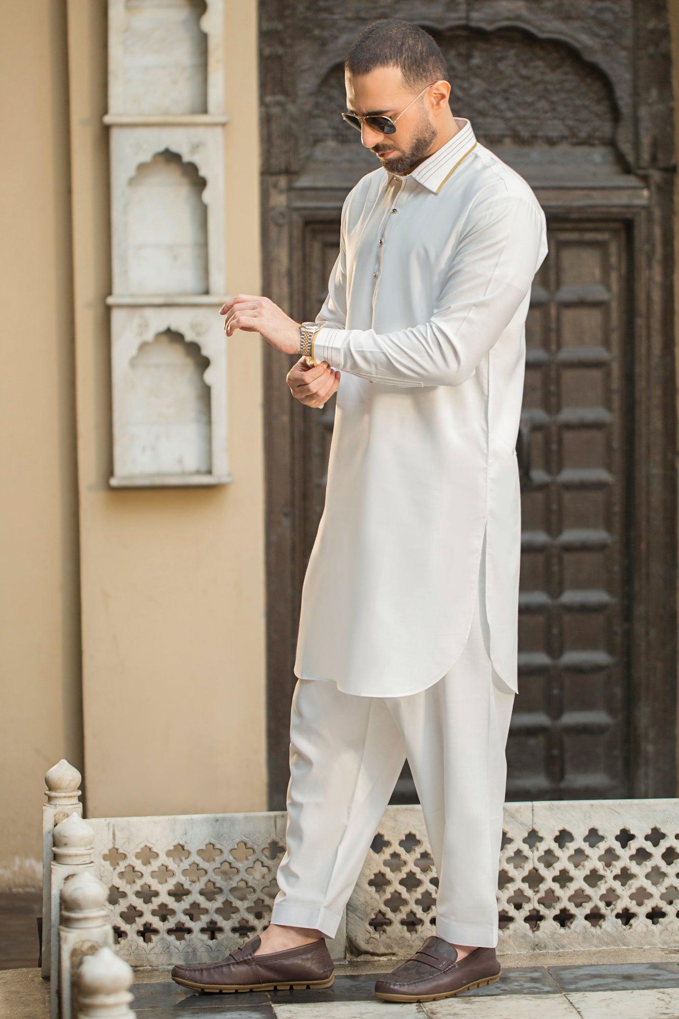 Stitched Shalwar with Kameez with Collar- Egg White