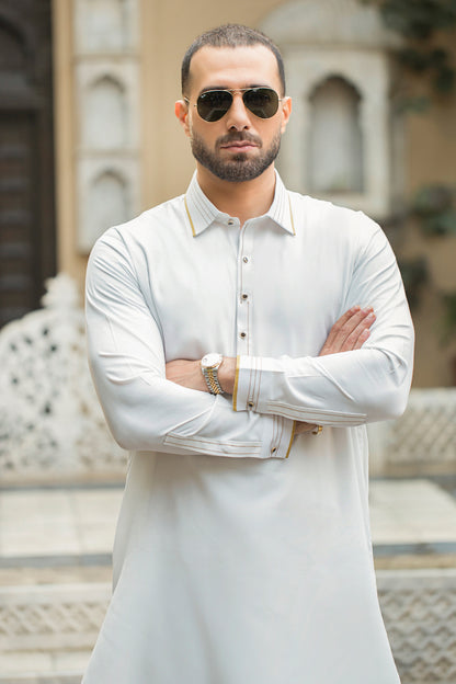 Stitched Shalwar with Kameez with Collar- Egg White