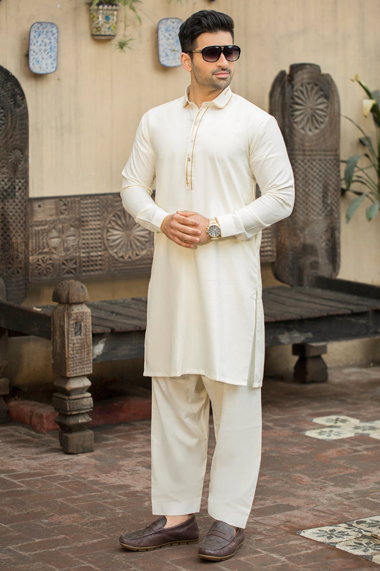 Stitched Shalwar with Kameez with Collar- Boski