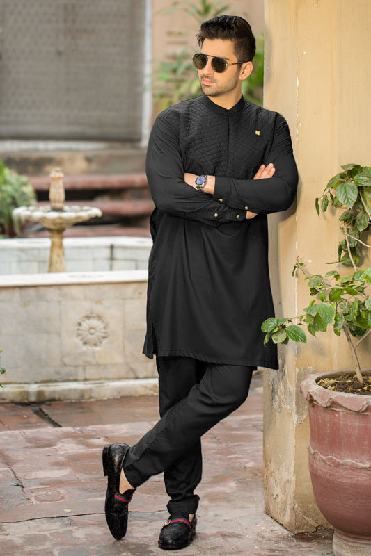 All Season Stitched Kurta Trouser with Ban -Black