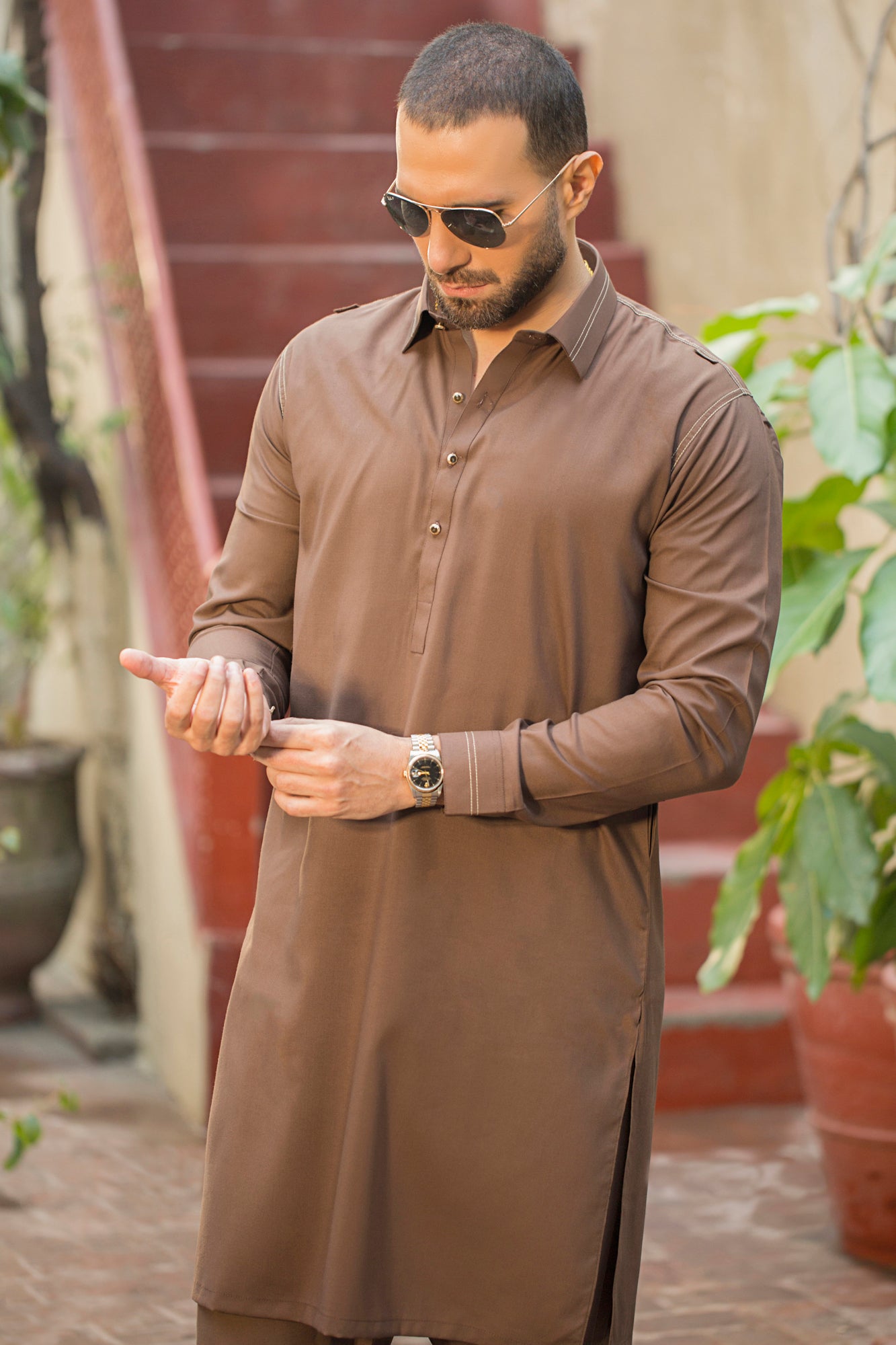 Stitched Shalwar with Kameez with Collar- Coffee Brown