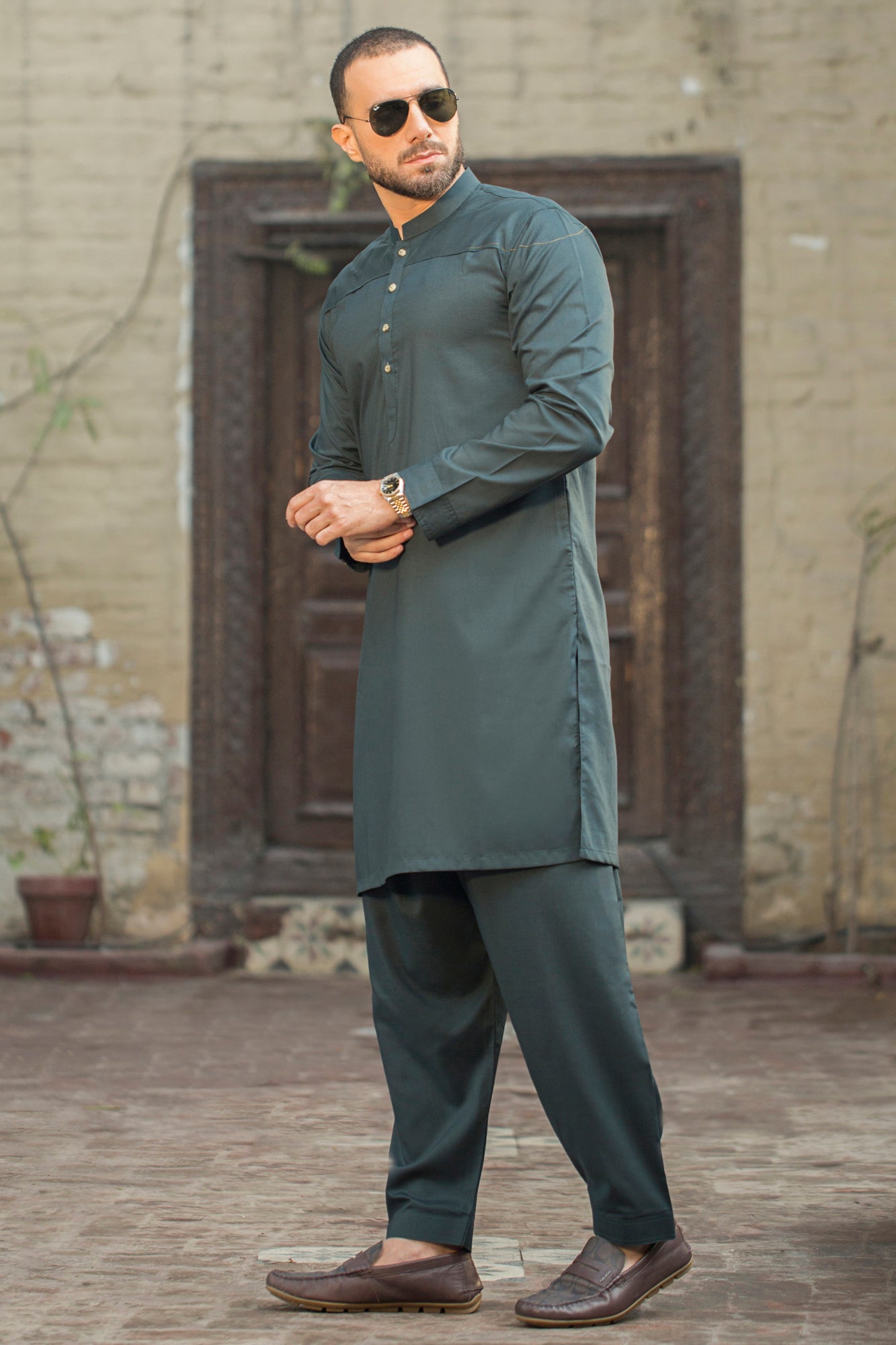 Stitched Shalwar with Kameez with Ban- Teal Green