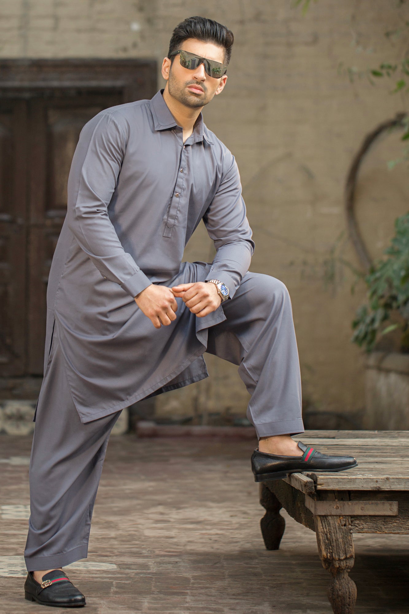 Stitched Shalwar with Kameez with Collar- Silver Grey