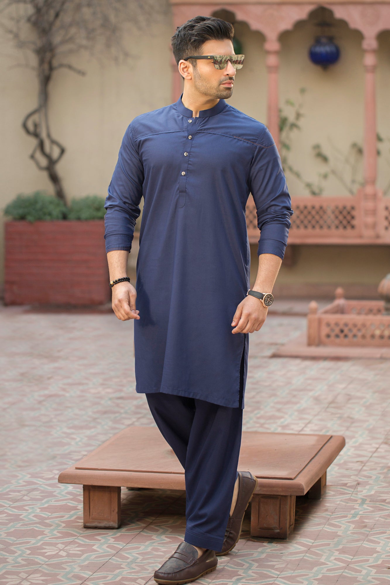 Stitched Shalwar with Kameez with Ban - Navy