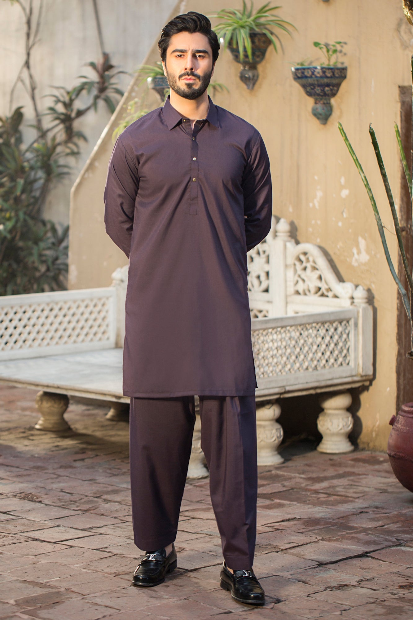 Stitched Shalwar with Kameez with Collar- Dark Margenta