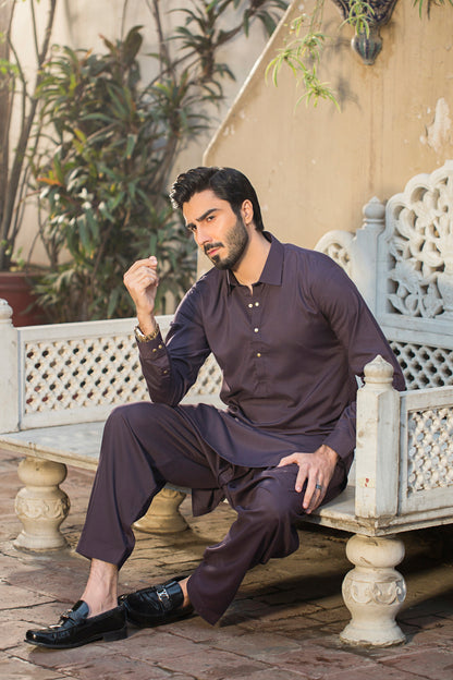 Stitched Shalwar with Kameez with Collar- Dark Margenta