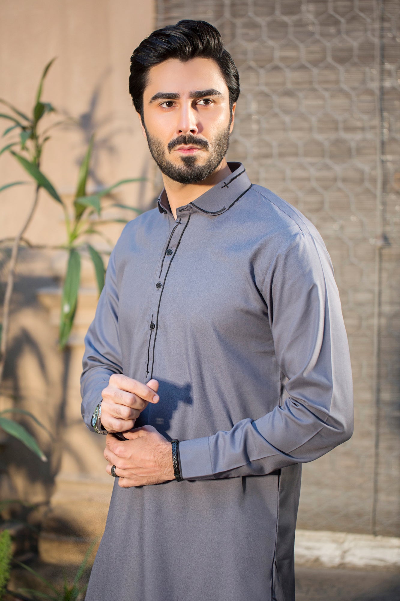 Stitched Shalwar with Kameez with Collar- Solid Grey