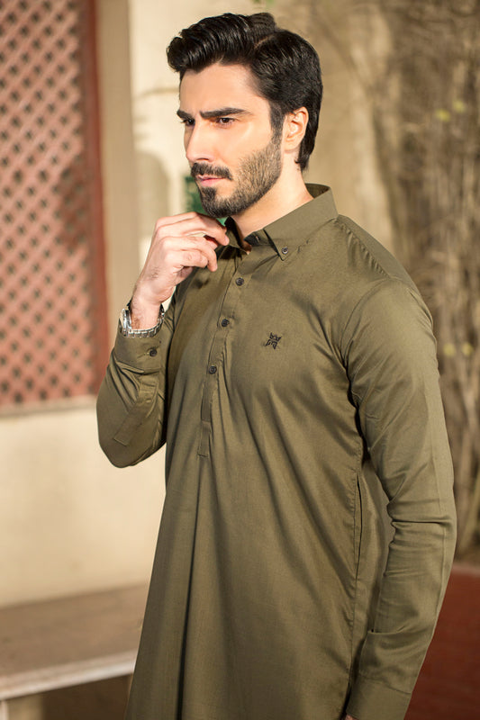 Stitched Shalwar with Kameez with Collar- Olive Green