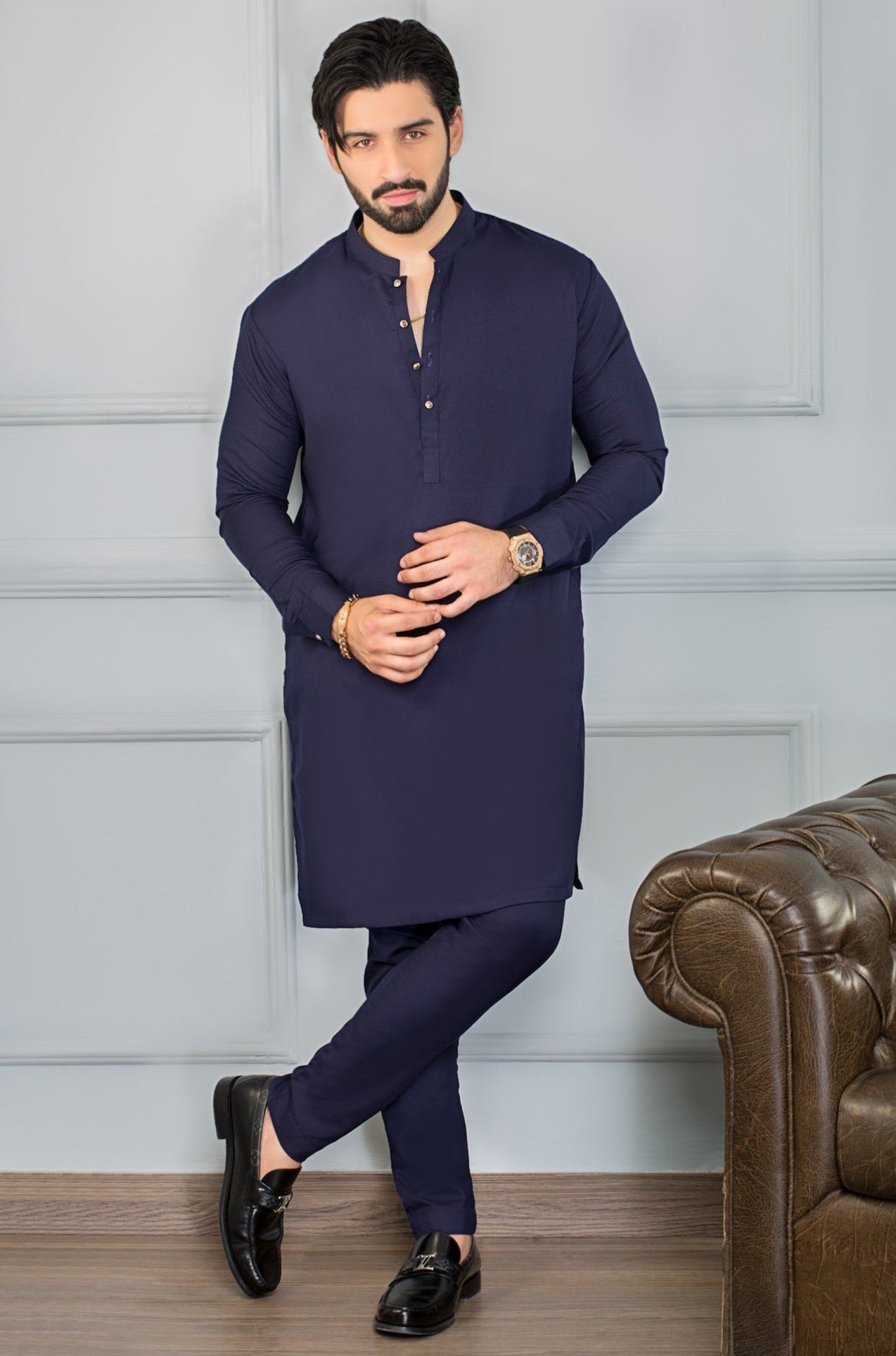 Festive Collection Stitched All Season Ban Suit - Navy Gold Button
