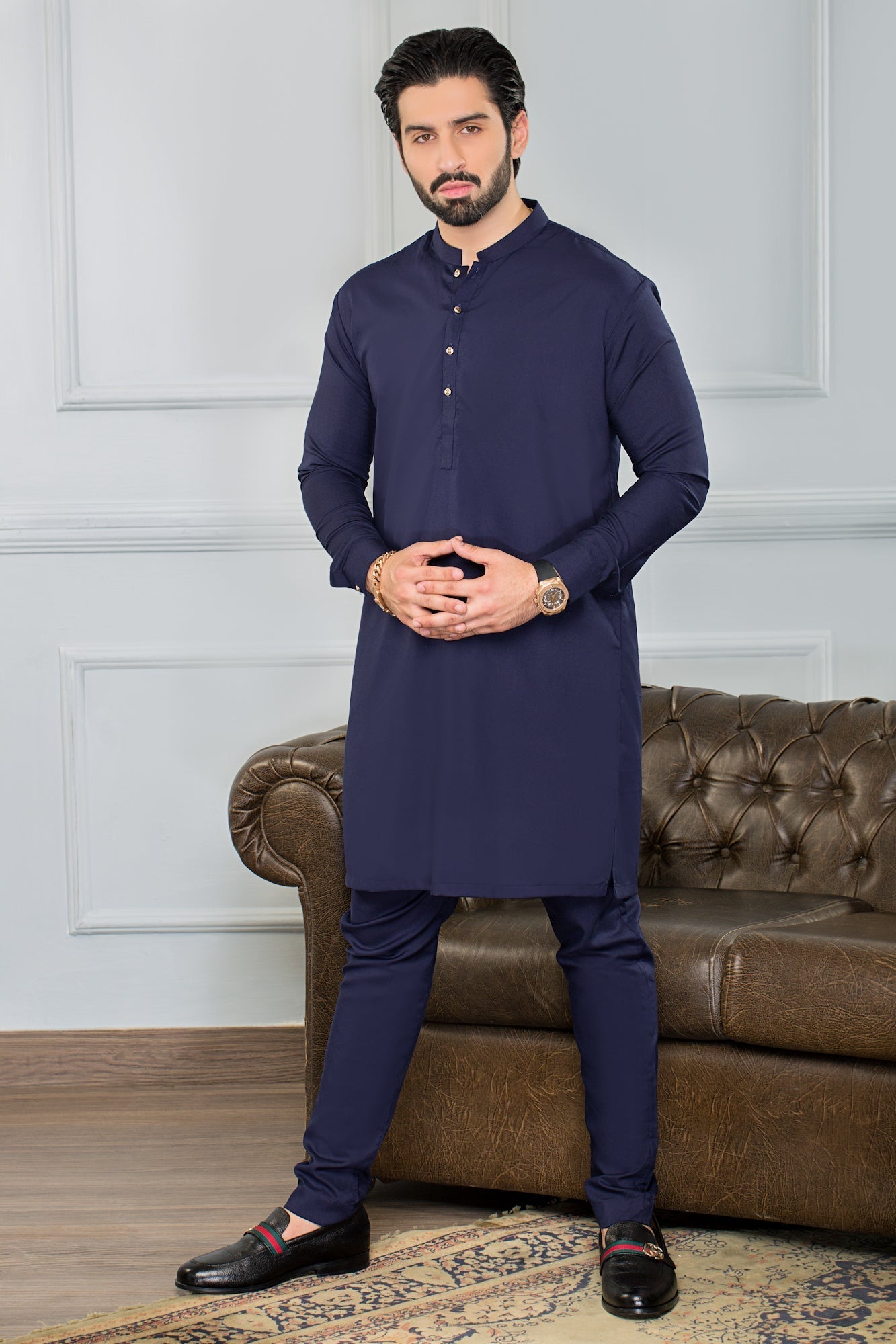 Festive Collection Stitched All Season Ban Suit - Navy Gold Button