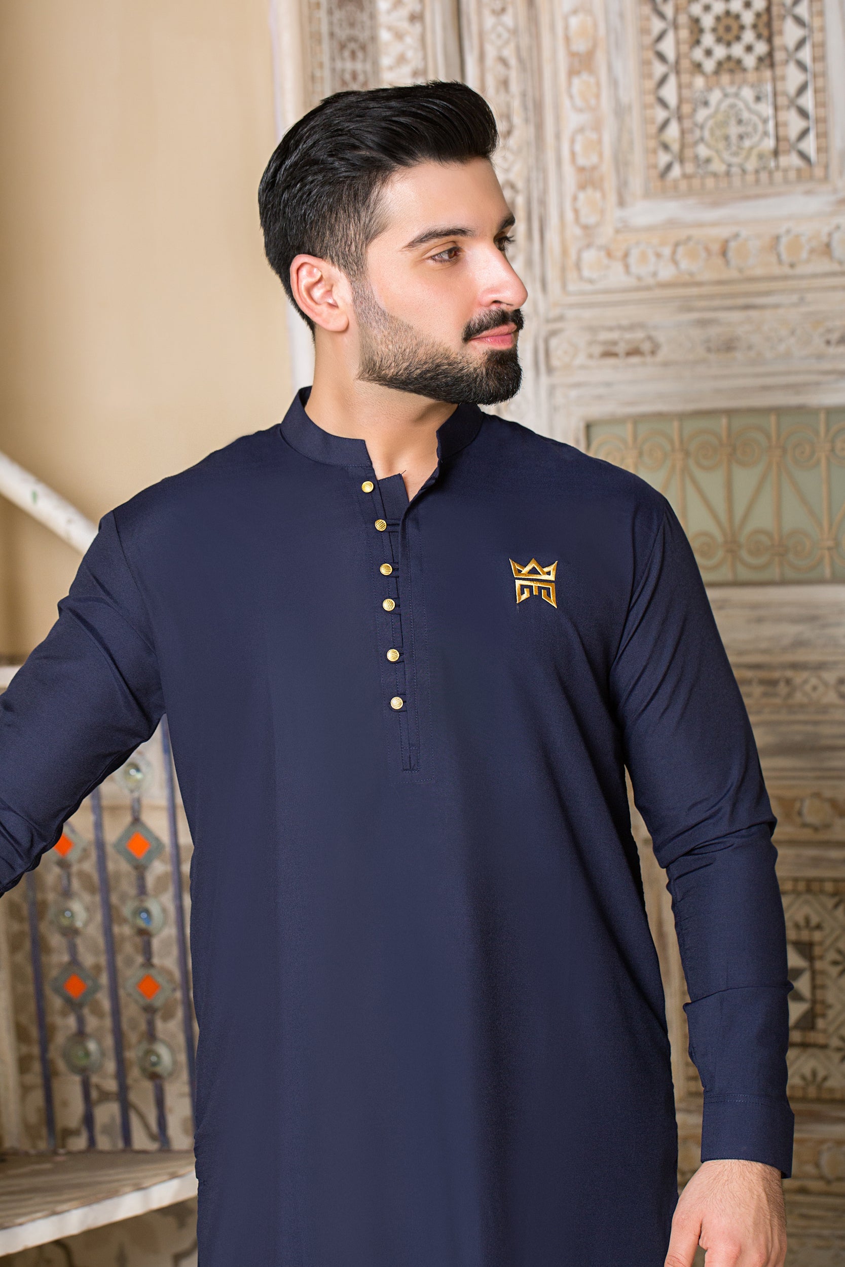 Platinum Logo Collection All Season Stitched Suit with Gold Hook Buttons - Navy