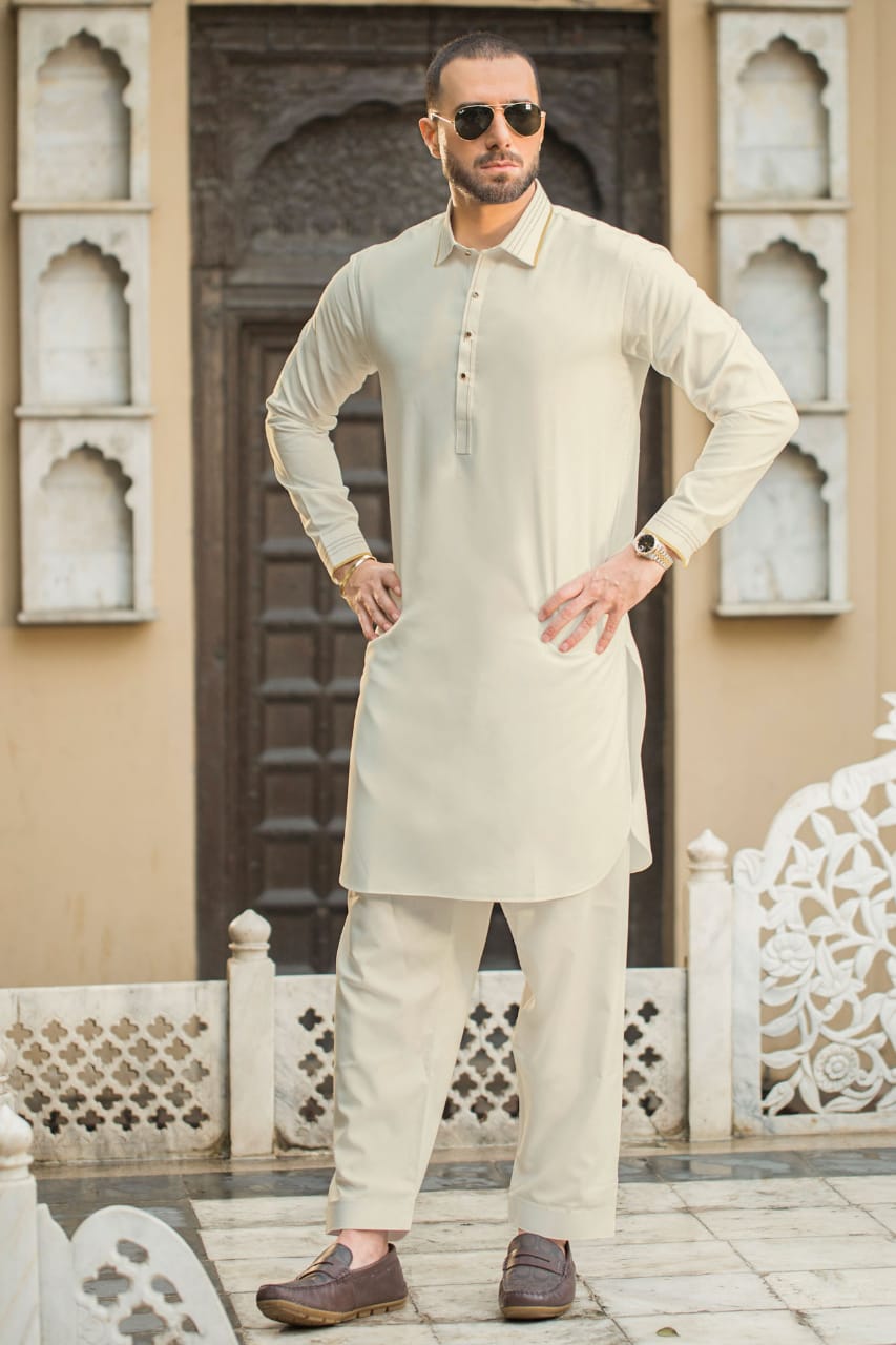 Stitched Shalwar with Kameez with Collar- Boski