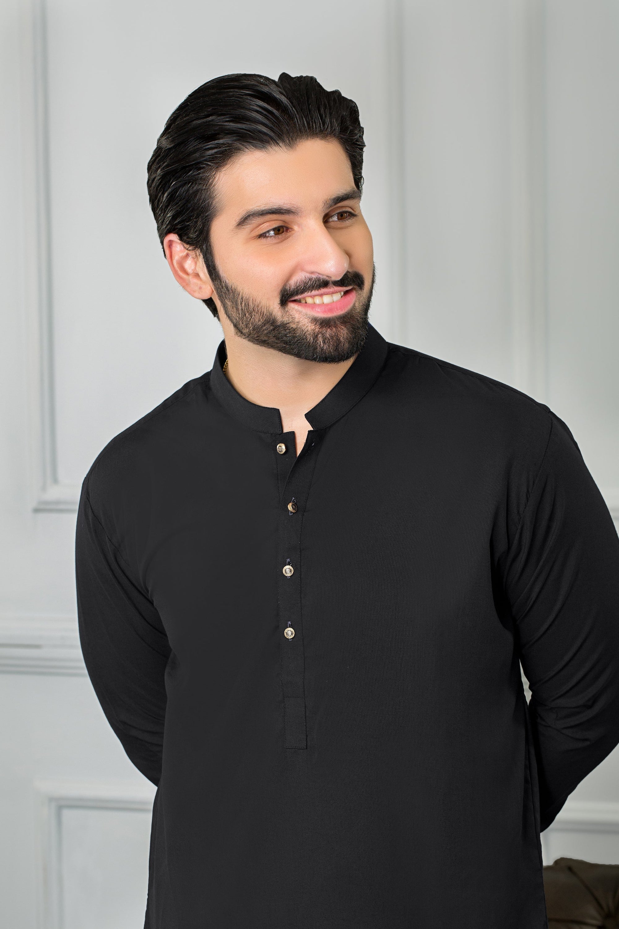 Festive Collection Stitched Summer Blended Ban Suit - Black Gold Button